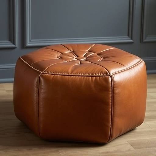 Sophisticated hexagon-shaped leather pouf in cognac color