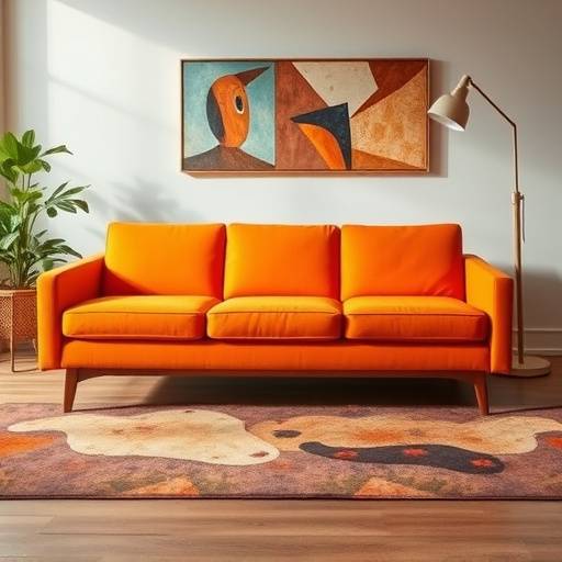 The Hudson sofa, a mid-century modern style sofa in orange fabric.